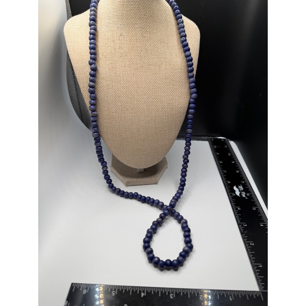 Vintage Blue Wooden Bead Long Strand Necklace Boho Indigo Matte Round Beads 32"